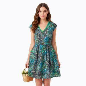 Marc NY Fit & Flare Belted Dress Sz 4 Brown Teal Animal Print Cottage Artsy Boho